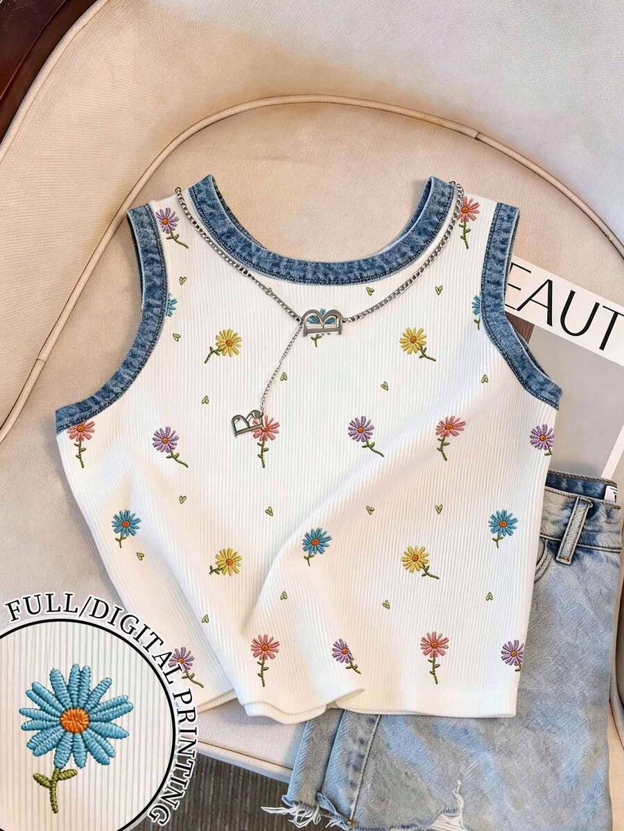 Resyla Floral Daisy Print Fitted Round Neck Tank Top For Women - Multicolor - View 1