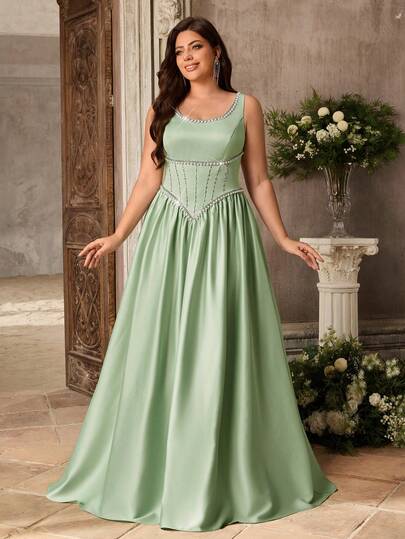 Aureia Plus Size Elegant U-Neck Elastic Satin Rhinestone Trim Beaded Slimming Asymmetrical Waist A-Line Dress Suitable For Birthday Party Wedding Event Evening Occasion Bridesmaid Gown