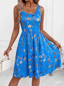 SHEIN Clasi Váy nữ mới thanh lịch cổ chữ U, chiết eo tôn dáng, họa tiết hoa, phù hợp mặc đi du lịch và mặc hàng ngày - Màu xanh lam - Xem 4