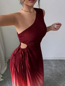 Modelyn 女款黃色無袖不對稱肩褶皺漸層色長洋裝 - 酒紅色 - 查看 4