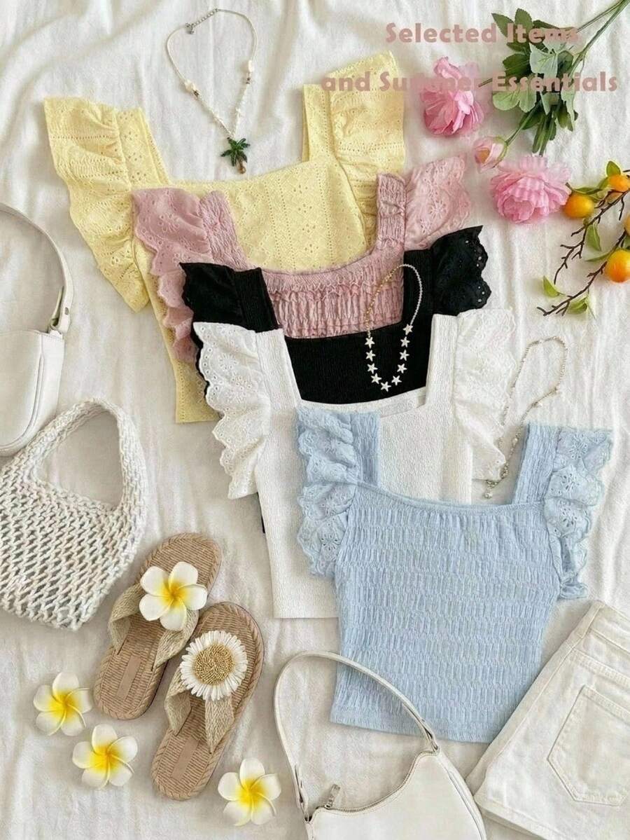 SHEIN Atasan Tank Top Kasual Elegan Leher Persegi Berkerut dari Kain Jacquard untuk Remaja Perempuan - Berwarna merah muda - View 1
