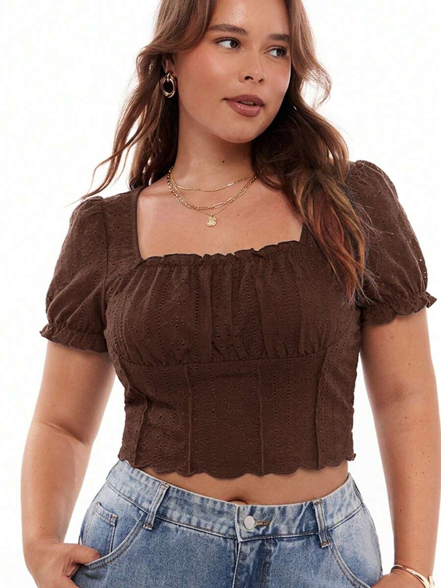 Solavibe 大尺碼女款泡泡袖方領百褶荷葉邊飾 T-shirt 棕色夏季休閒可愛仙女風 早午餐正式生日穿搭 - 棕色 - 查看 1