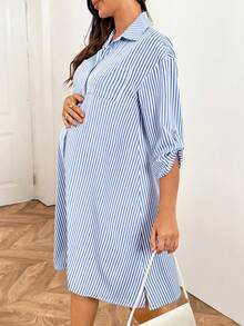 SHEIN 孕婦條紋落肩前扣休閒寬鬆夏季洋裝 - 藍白色 - 查看 3