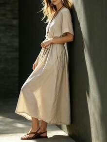 SHEIN Women's Casual Elegant Beige Deep V-Neck Tie Waist Loose Linen Dress, Suitable For Casual Party, Vacation And Daily Wear - Apricot - View 4