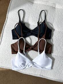 Swim Vcay Conjunto de 3 Peças de Maiô Bikini Feminino Estilo Férias de Verão na Praia, Simples, Sexy, Casual, Modesto, Cor Sólida, Top com Torção na Frente, Preto, Marrom Escuro, Branco Total - Multicolorido - Visão 6