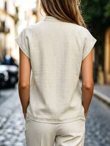 Balvessa V-Neck Striped Button-Down Short Sleeve Shirt Casual Versatile Slimming Fitted Women's Blouse - Apricot - View 2