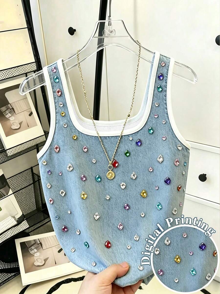 Resyla Hot-Selling Contrast Trim Denim Effect Asymmetrical Print Regular Fit Slim Women's Tank Top - Blue - View 1