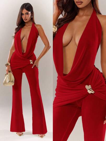 Radiana Red Summer Sexy Elegant Chic Metal Decor Knit Set, Draped Low Neckline Halter Backless Top And Low Waist Folded Waistband Slim Fit Flare Long Pants 2pcs Set, Sexy Vacation Set, Date Set, Beachwear, Long Pants Set, Casual 2pcs Set, Suitable For Night, Date, Party, Nightclub, Club, Cocktail Party, Birthday, Evening Party, Banquet, Carnival, Music Festival, Concert, Island Vacation, Beach, Seaside, Holiday Travel