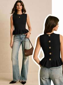 Poéselle Chaleco de punto con botones, volantes y estampado floral de unicolor para mujer - Negro - View 2