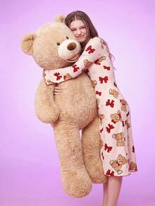 Notgurli Cute Cartoon Bear & Bow Knit Jacquard Women Sleep Dress Teddy Bear Pink Cute Sleepwear Pajama Dress, Fall & Winter - Multicolor - View 4