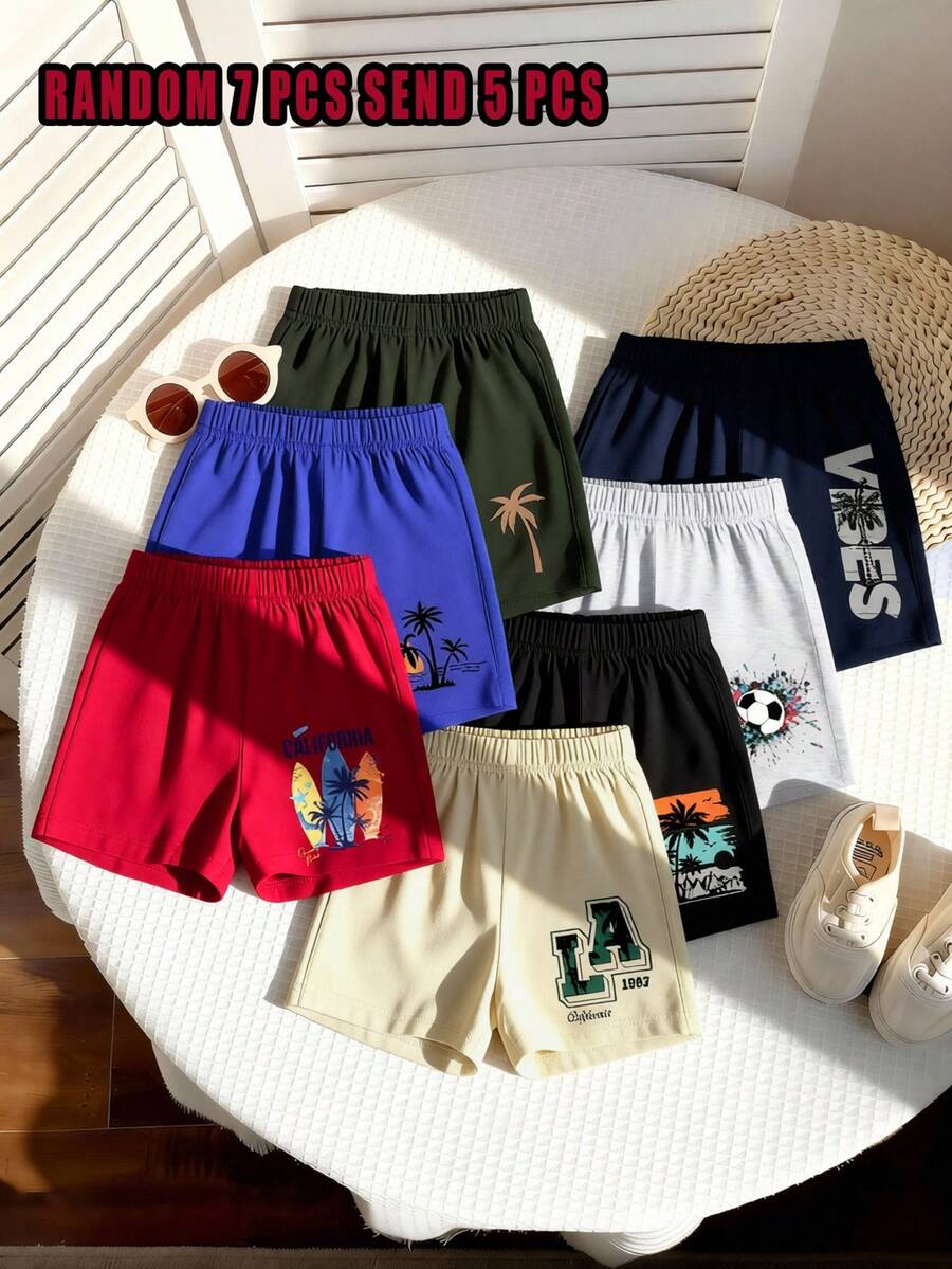 RANDOM-7-PCS 隨機發送 5 件 小男孩藍色、軍綠色、卡其色、灰色、海軍藍、紅色、黑色盲盒 7 選 5 休閒極簡街頭風百搭度假短褲,適合戶外運動、日常穿著,春、夏、秋季,隨機發送 5 件 - 黑色 - 查看 1