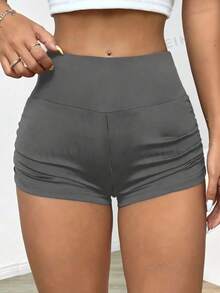 SHEIN EZwear 女士高腰褶皺短款休閒緊身褲 - 灰色 - 查看 4