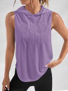 SHEIN Sports 女款網眼素色無袖寬鬆字母印花連帽運動衛衣 - 紫色 - 查看 5