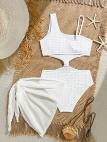 SHEIN Tween Girl Solid Color One-Shoulder Waist-Length Starfish Decor One-Piece Swimsuit And Triangle Mesh Skirt, Beach Pool Vacation - Multicolor - View 2