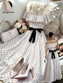 Qadelle Square Neck Ruffle Sleeve Midi Dress, Elegant French Style, Suitable For Summer, Versatile For Commuting, Vacation, And Formal Occasions - Black and White - View 1
