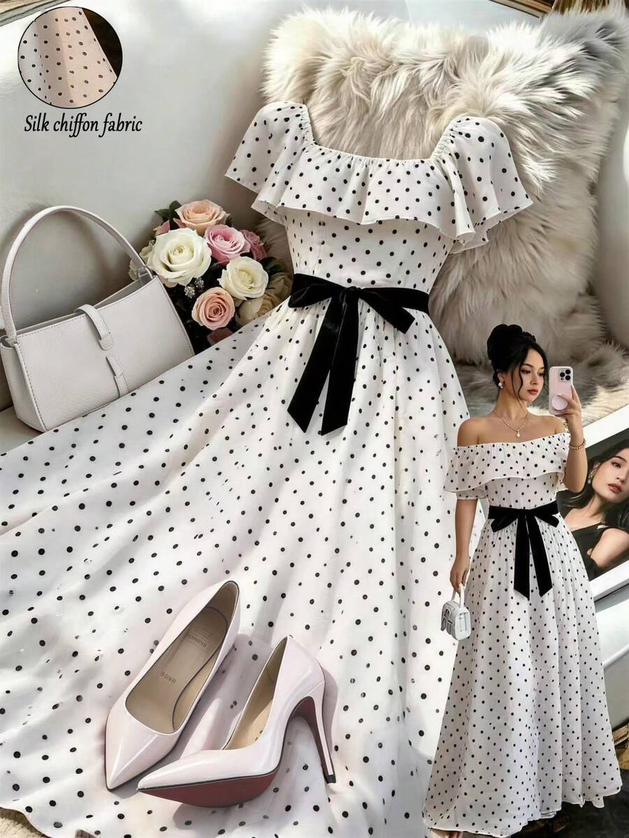 Qadelle Square Neck Ruffle Sleeve Midi Dress, Elegant French Style, Suitable For Summer, Versatile For Commuting, Vacation, And Formal Occasions - Black and White - View 1