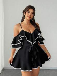 Elenzga Mono de Resort Sexy Talla Grande con Hombros Descubiertos y Espalda Descubierta - Negro - Ver 1
