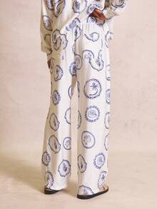 Musero Oversized Lose Fitting Motif Wovan Elasticated Waist Trousers Spring Summer Essentials Co-Ord Trousers Only - Blue and White - View 4