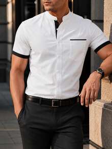Manfinity Bizformal 男士商務休閒立領設計深色拼接胸袋短袖襯衫，正式款 - 白色 - 查看 4