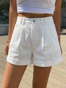DAZY Roll Up Hem Fold Pleated Denim Shorts Jorts - White - View 16