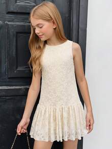 SHEIN Vestido SHIEN para meninas pré-adolescentes, em tecido de renda marfim liso, sem mangas e com pregas. Casual, moderno e versátil, ideal para festas, passeios, ensaios fotográficos com a irmã, parques, acampamentos, férias e uso diário. - Damasco - Ver 15