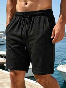 VENTUSAIL Men's Linen Casual Solid Color Drawstring Waist Shorts, Suitable For Summer For Men, Holiday - Black - View 4