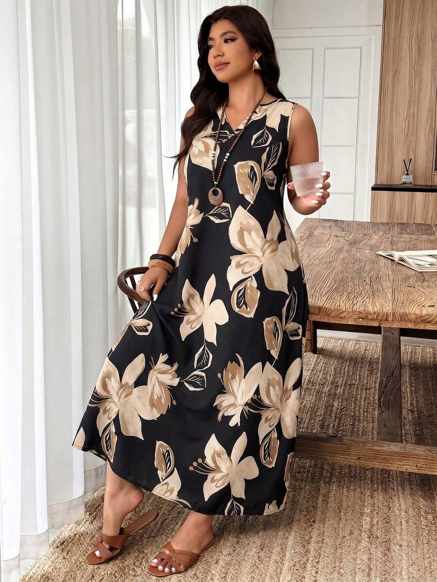Weeklong Plus Size Women's Spring/Summer Notch Neck Sleeveless A-Line Large Floral Print Casual Vacation Dress - Multicolor - View 1