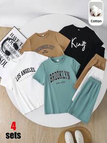 SHEIN 8pcs/Set Kaos dan Celana Pendek Kasual Longgar Bergambar Huruf untuk Anak Laki-Laki Remaja, Cocok untuk Berpergian, Sekolah, Santai Sehari-hari, Olahraga, Musim Semi/Panas - MultiWarna - View 7