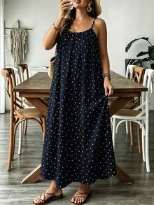 SHEIN VCAY Plus Size Summer Spaghetti Strap Polka Dot Dress - Navy Blue - View 5