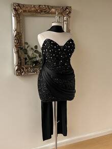 Lovelzi Elegantes romantisches Modekleid in Große Größen aus schwarzem Paillettenstoff und Satin-Patchwork, trägerlos, für Musikfestival, Geburtstagsparty, Hochzeitsevent, Nachmittagstee-Party, Cocktailparty - Schwarz - Übersicht 6