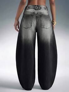 Denimoi Barrel Leg Adjustable Waist Jeans Barrel Jeans Fashionable Denim - Black - View 3