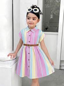 Elladie kids 女童春季寬鬆編織落肩修身淺藍、淺黃、淺粉彩色條紋襯衫洋裝，附領口、前開鈕扣、時尚腰帶，適合休閒日常穿著、舒適度假穿搭、兒童正式洋裝 - 彩色 - 查看 4
