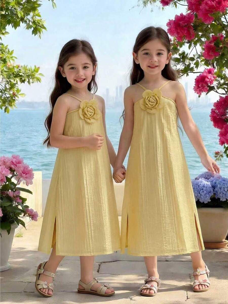 Elladie kids 女童简约优雅纯色夏季连衣裙,饰有3D立体花卉图案,交叉露背设计,开衩下摆中长裙,适合海滩度假和休闲旅行 - 黃色 - 查看 1
