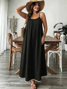 EMERY ROSE Plus Size Black Solid Color Spaghetti Strap Backless Vacation Style Loose Comfortable Dress, Beach Dress, Contrast Color Machine-Made Shell Flower Special Craft Spaghetti Strap Dress, Bohemian Style Vacation Wear - Black - View 5