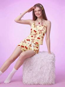 Notgurli 可爱樱桃蝴蝶结INS甜美女孩夏季女士睡衣套装蝴蝶结 - 黃色 - 查看 1