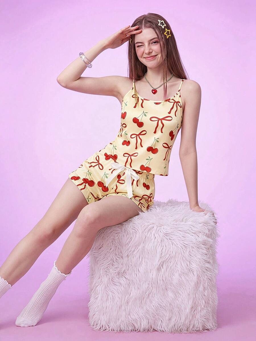 Notgurli 可爱樱桃蝴蝶结INS甜美女孩夏季女士睡衣套装蝴蝶结 - 黃色 - 查看 1