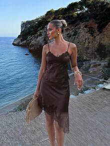 Aloruh Women's Lace Patchwork Camisole Top And Mini Skirt Sexy Casual 2-Piece Set,Elegant Commuting Office Suit,Brown 2pcs,Work Suit - Coffee Brown - View 4