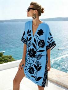 SHEIN Holidaya 简约米色和黑色花卉印花V领短袖宽松A字连衣裙，适合工作和休闲场合，版型修身，花卉图案装饰 - 藍色 - 查看 1