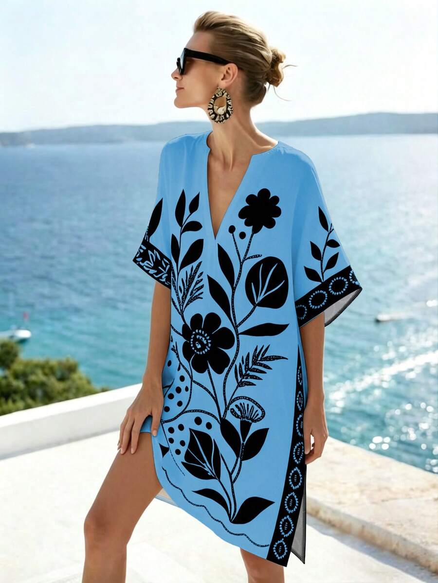 SHEIN Holidaya 简约米色和黑色花卉印花V领短袖宽松A字连衣裙,适合工作和休闲场合,版型修身,花卉图案装饰 - 藍色 - 查看 1