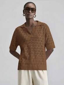 Ontre Elegant Versatile Lapel Hollow Knit Short Sleeve Top - Brown - View 4