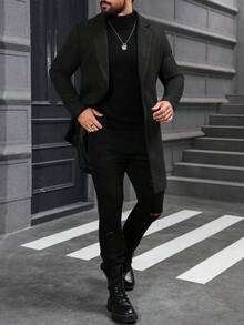 Manfinity Mode 男士纯色翻领单排扣休闲长袖大衣，秋冬商务休闲冬装外套 - 黑色 - 查看 4