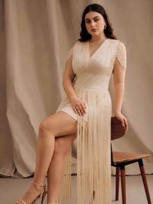 Anewsta Plus Size Women's Solid Color Fringe V-Neck Elegant Party Dress - Apricot - View 6