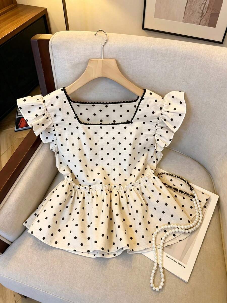 SHEIN Franclia 女士波点印花方领荷叶袖上衣,松紧腰摆荷叶边衬衫,可爱休闲夏季日常衬衫 - 彩色 - 查看 1