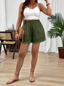 EMERY ROSE Plus Size Army Green Solid Paperbag Ruffle Drawstring Elastic High Waist Patch Pocket Loose Wide Leg Summer Casual Shorts For Women Vacation - Multicolor - View 5