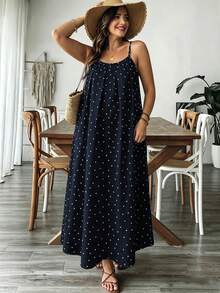 SHEIN VCAY Plus Size Summer Spaghetti Strap Polka Dot Dress - Navy Blue - View 4
