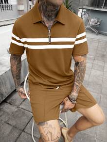 Manfinity Homme Men's Casual Brown Striped Textured Polo Shirt Set Men Brown Short Set Casual Two Pieces Set Men - Brown - View 3