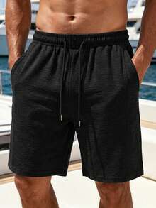 VENTUSAIL Men's Linen Casual Solid Color Drawstring Waist Shorts, Suitable For Summer For Men, Holiday - Black - View 3