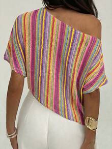 Aloruh Colorful Striped Summer Vacation Sheer Cover-Up Top Summer  Beach Vacation Outfits Colorful Faux Crochet Striped Openwork Sheer Top/Vacation Cover-Up - Multicolor - View 2