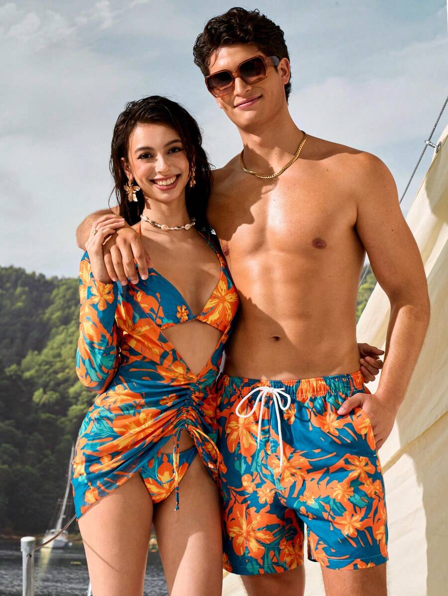 Manfinity VDAYZ 1件男士抽繩腰側口袋花卉印花休閒度假沙灘短褲,情侶款泳裝,夏威夷度假風 - 彩色 - 查看 1