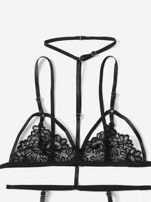 EmpressEnvy Conjunto de lencería harness con encaje floral - Negro - Ver 5